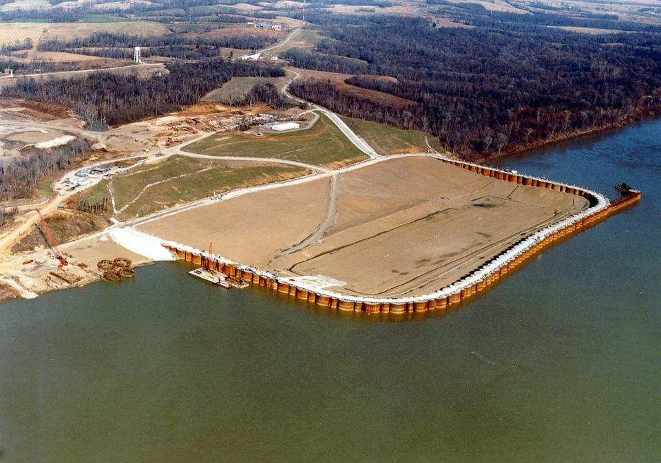 aerial view of a construction site bumping out into a river way