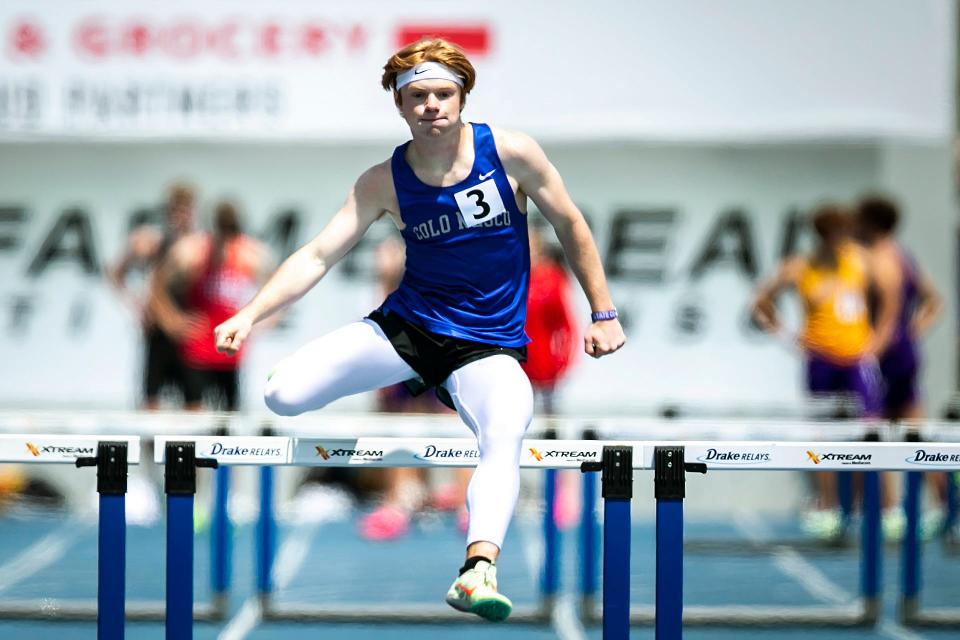 Colo-NESCO's Breckin Clatt competes in the Class 1A boys 400 meter hurdles during the high school state track and field championships, Friday, May 19, 2023, at Drake Stadium in Des Moines, Iowa.