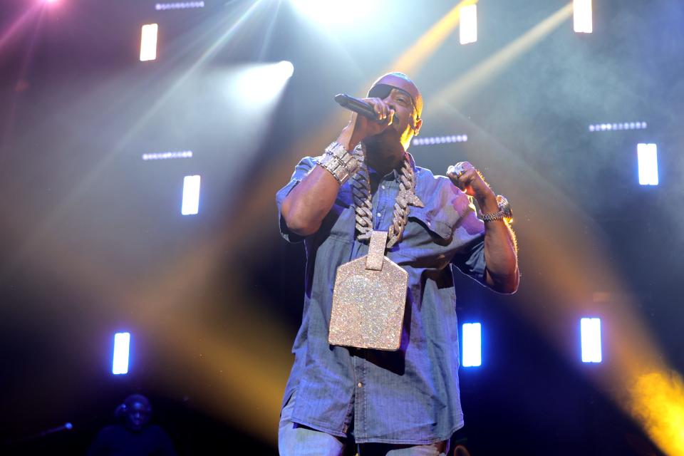 Slick Rick performs with a giant chain and medallion during the 2022 Tribeca Festival on June 10, 2022, in New York City. The medallion displays Africa.