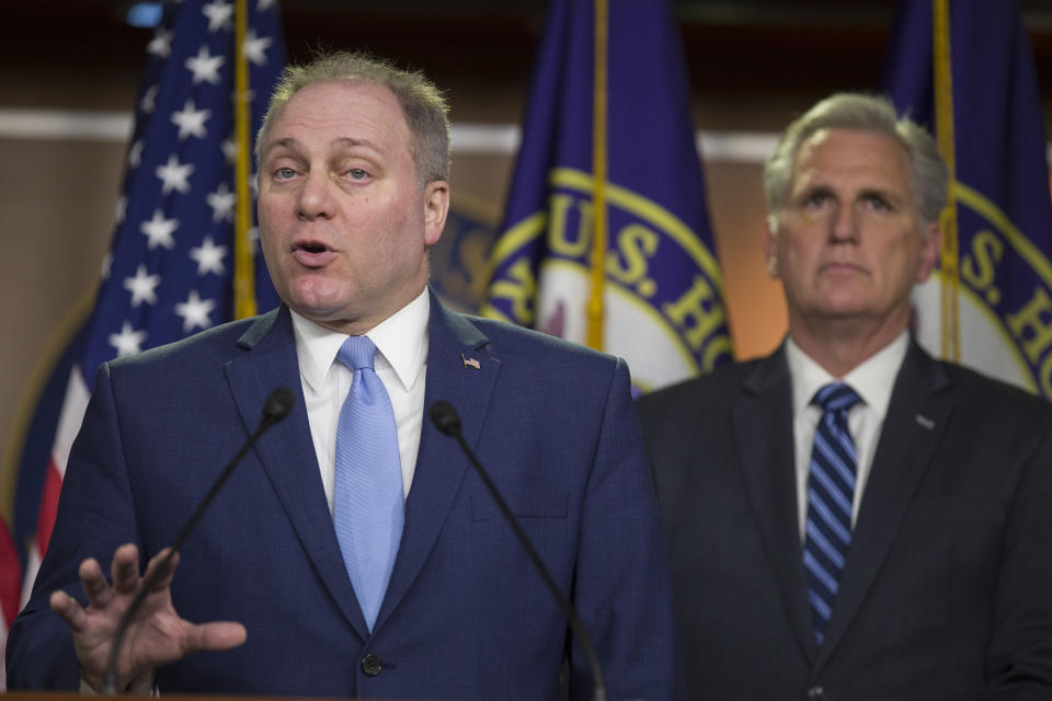 House Minority Leader Kevin McCarthy (right) and House Minority Whip Steve Scalise just want to move on. (ASSOCIATED PRESS)