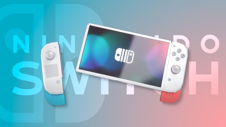 Nintendo Switch 2 concept by CURVED/labs on blue and salmon gradient background