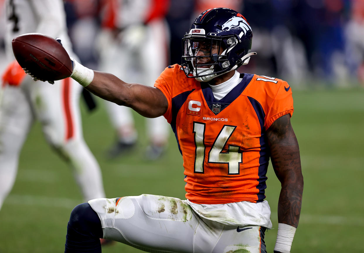 DENVER, CO - NOVEMBER 26: Denver Broncos wide receiver Courtland Sutton signals a first down during an NFL game between the Cleveland Browns and the Denver Broncos on November 26, 2023 at Empower Field at Mile High in Denver, CO. (Photo by Steve Nurenberg/Icon Sportswire via Getty Images)