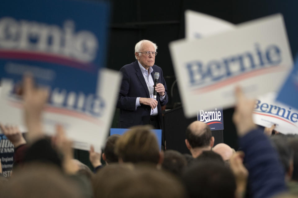 Sen. Bernie Sanders during a campaign rally on Feb. 4, in Milford, N.H. (Mary Altaffer/AP)