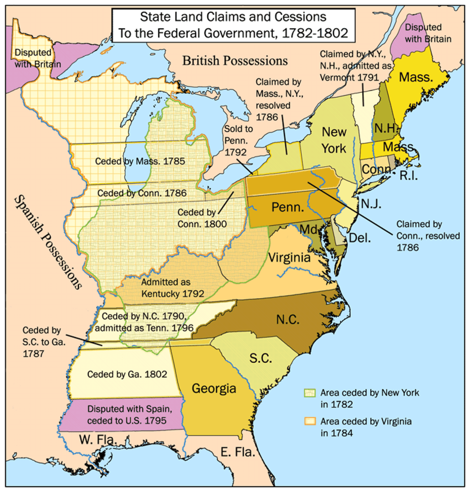 The original 13 U.S. colonies and their territorial changes from 1782 to 1802.