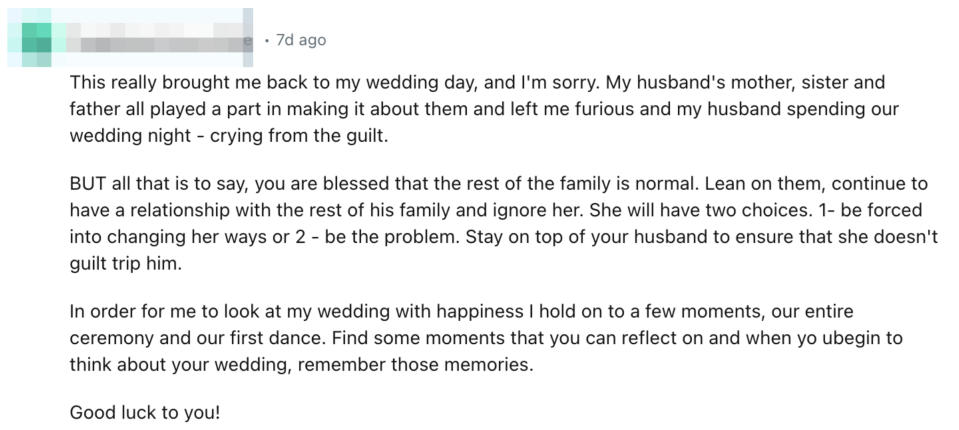 Reddit comment offering emotional support and advice to another user about family issues and maintaining a healthy relationship with their spouse