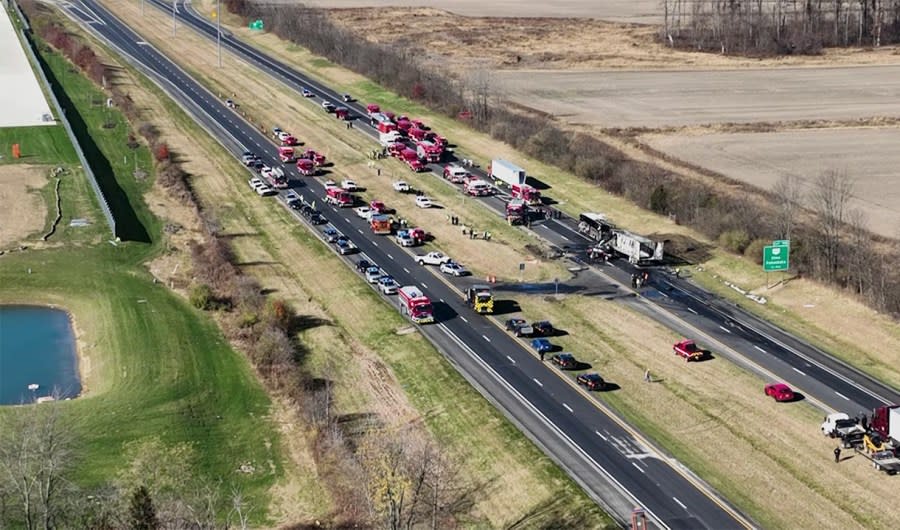 Emergency crews respond to a fiery crash on I-70 West involving a charter bus and a semi. (NBC4)