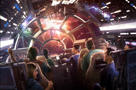 An artist rendering of a new Star Wars-based theme park ride showing people in the cockpit of the Millennium Falcon.