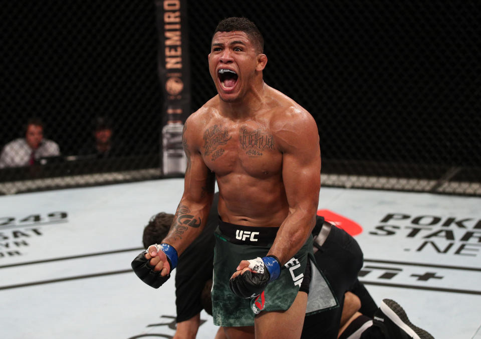 BRASILIA, BRAZIL - MARCH 14: Gilbert Burns of Brazil celebrates after his TKO victory over Demian Maia of Brazil in their welterweight fight during the UFC Fight Night event on March 14, 2020 in Brasilia, Brazil. (Photo by Buda Mendes/Zuffa LLC)