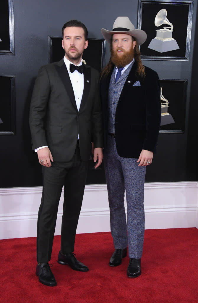 <p>T.J. Osborne (left) and John Osborne of the Brothers Osborne attend the 60th Annual Grammy Awards at Madison Square Garden in New York on Jan. 28, 2018. (Photo: John Shearer/Getty Images) </p>
