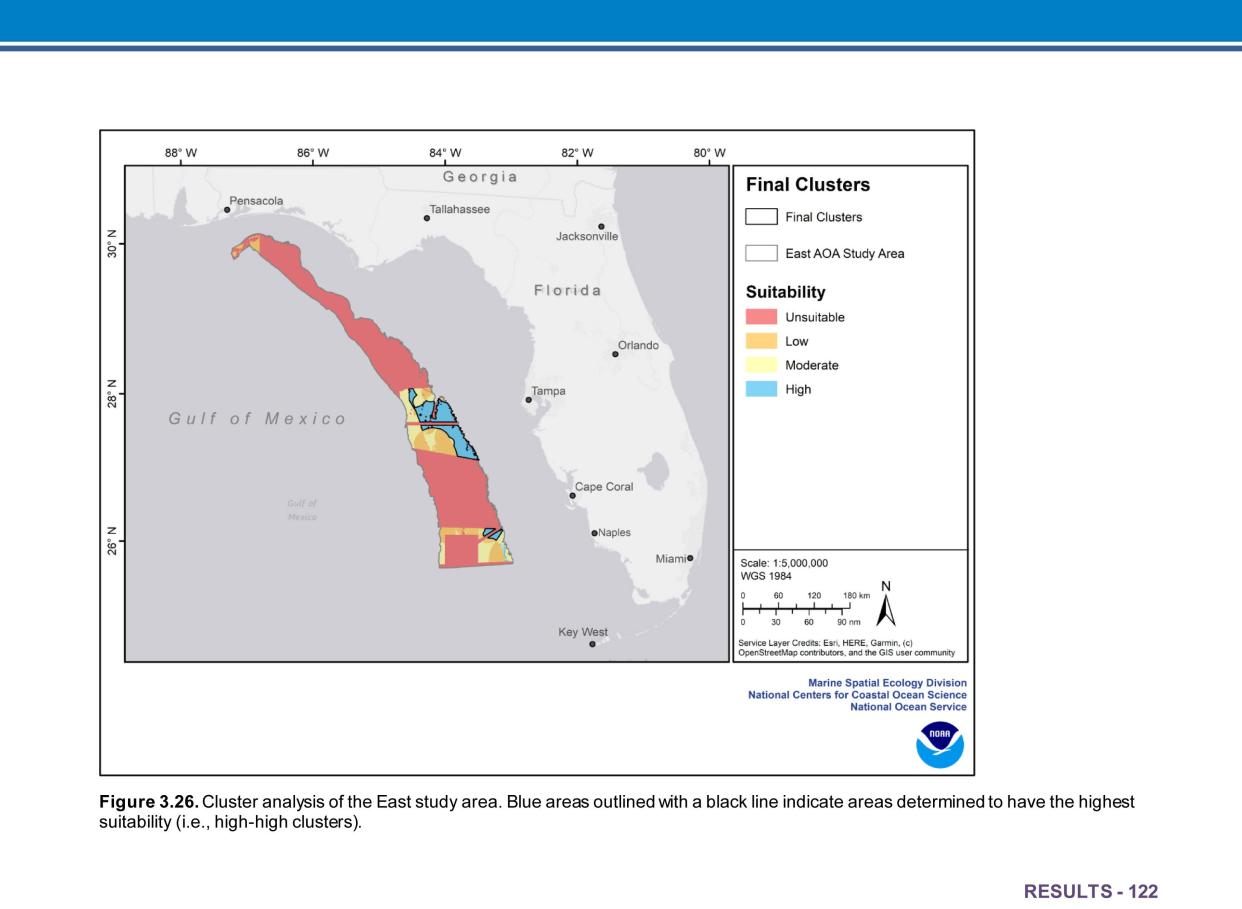 This graphic shows an analysis of Aquaculture Opportunity Areas identified in the Aquaculture Opportunity Atlas for the Gulf of Mexico. The three areas outlined in blue – off of Pinellas, Sarasota and Collier counties – offer the greatest potential for success of aquaculture projects. NOAA FIsheries opened a public comment period for a  “programmatic environmental impact statement,” on June 1. Three virtual meetings are scheduled in June and July, while written comments will be accepted through Aug. 1.