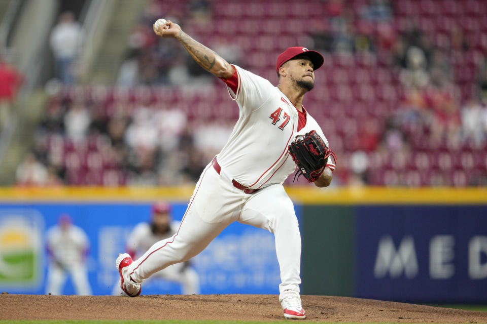 Cincinnati Reds pitcher Frankie Montas throws to a Milwaukee Brewers batter during the first inning of a baseball game Tuesday, April 9, 2024, in Cincinnati. (AP Photo/Jeff Dean)