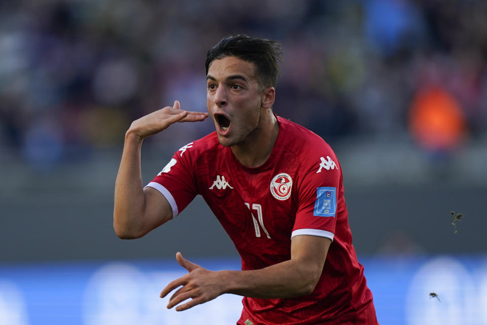 Tunisia's Raki Aouani celebrates a goal that was later disallowed by a VAR decision for hand ball during a FIFA U-20 World Cup round of 16 soccer match against Brazil at La Plata Stadium in La Plata, Argentina, Wednesday, May 31, 2023. (AP Photo/Ivan Fernandez)