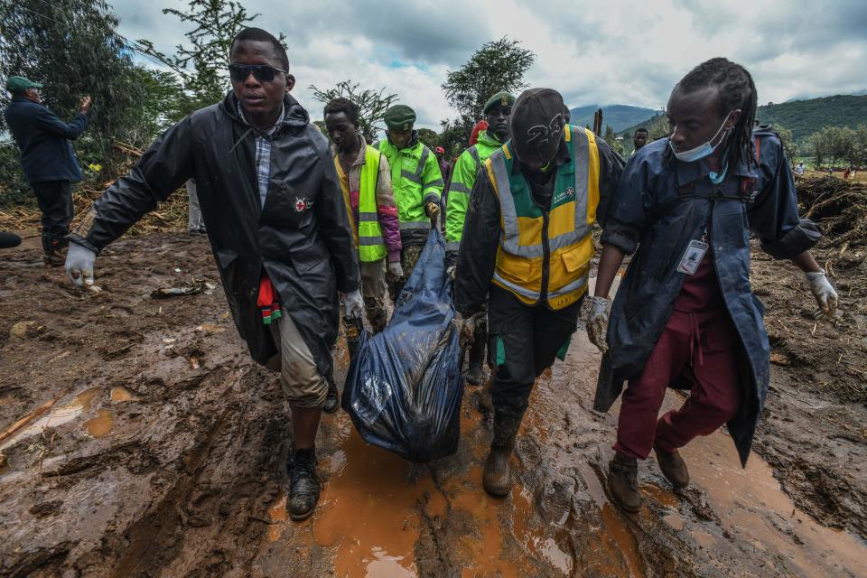 Bodies are removed from the rubble as evacuation and search and rescue efforts continue in the flood-affected Mai Mahiu and Naivasha regions in Kenya, April 30, 2024. / Credit: Gerald Anderson/Anadolu/Getty