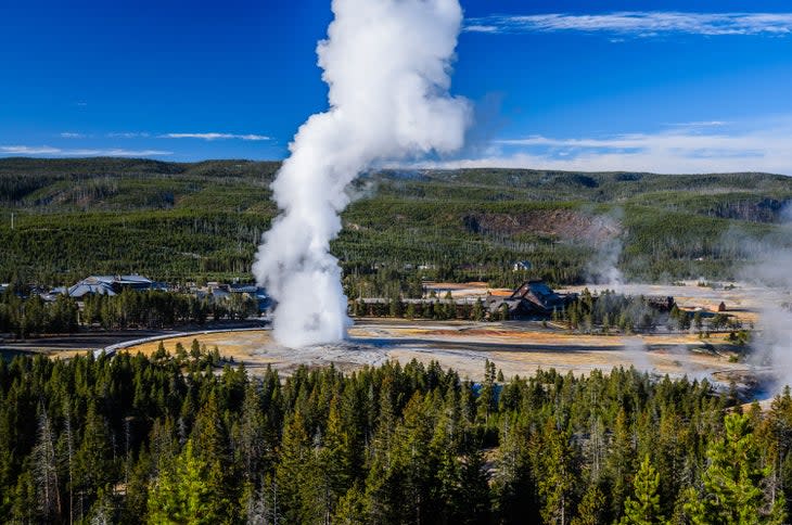 Yellowstone's Old Faithful complex with hotels, restaurants and a visitor center.