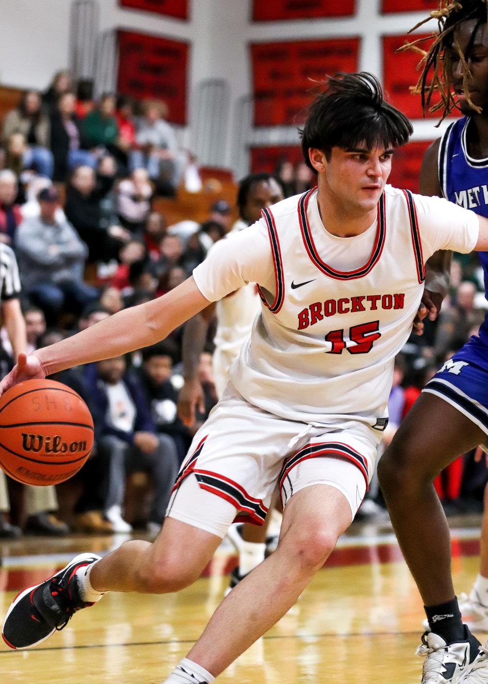 Brockton's Dominick Hopkins drives to the basket during a game against Methuen in the Round of 32 of the Div. 1 state tournament on Thursday, March 2, 2023.