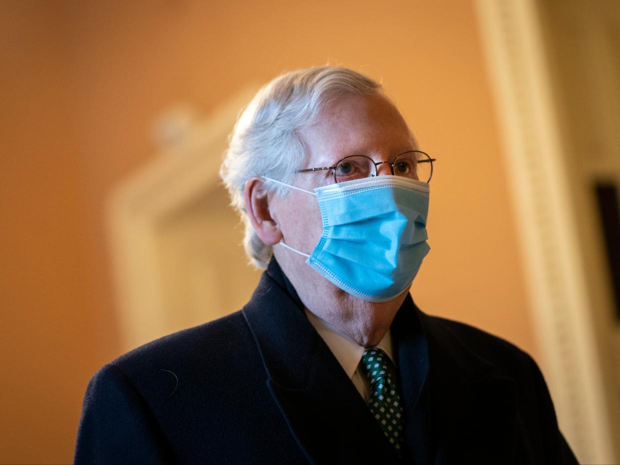 <p>File: Senate Minority Leader Mitch McConnell arrives at his office on the third day of former President Donald Trump's second impeachment trial</p> (Getty Images)