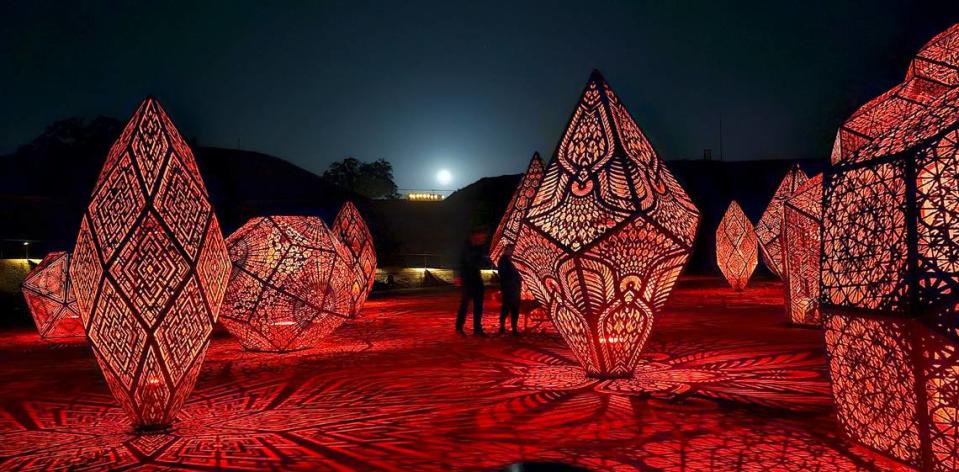 The DIMENSIONS exhibit at Sensorio in Paso Robles features a collection of illuminated geometric sculptures, seen here on May 23, 2024. It was created by the artist duo HYBYCOZO.