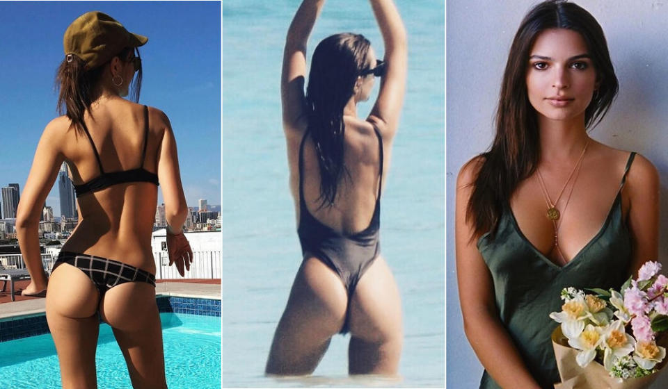 Berühmt wurde Dessous-Model Emily Ratajkowski (25) durch ihren sexy Oben-ohne-Tanz in Robin Thickes Video zu „Blurred Lines“. Inzwischen aber macht Emily ihren eigenen zwei schönsten Argumenten Konkurrenz – und zwar mit ihrem Knackpo! (Bilder: Instagram/emrata)