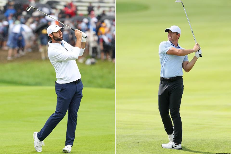 <p>Scott Taetsch/PGA of America via Getty Images; Andy Lyons/Getty Images</p> (L) Scottie Scheffler; (R) Rory McIlroy at 2024 PGA Championship