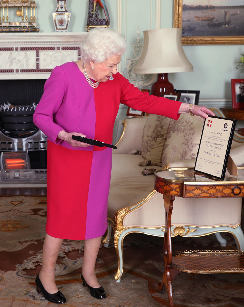 LONDON, ENGLAND - MARCH 11: Queen Elizabeth II, receives Professor Mark Compton, Lord Prior of the Order of St John, during an audience, where he presented Her Majesty with the Orders first ever Service Medal in Gold, at Buckingham Palace on March 11, 2020 in London, England. (Photo by Yui Mok - WPA Pool/Getty Images)