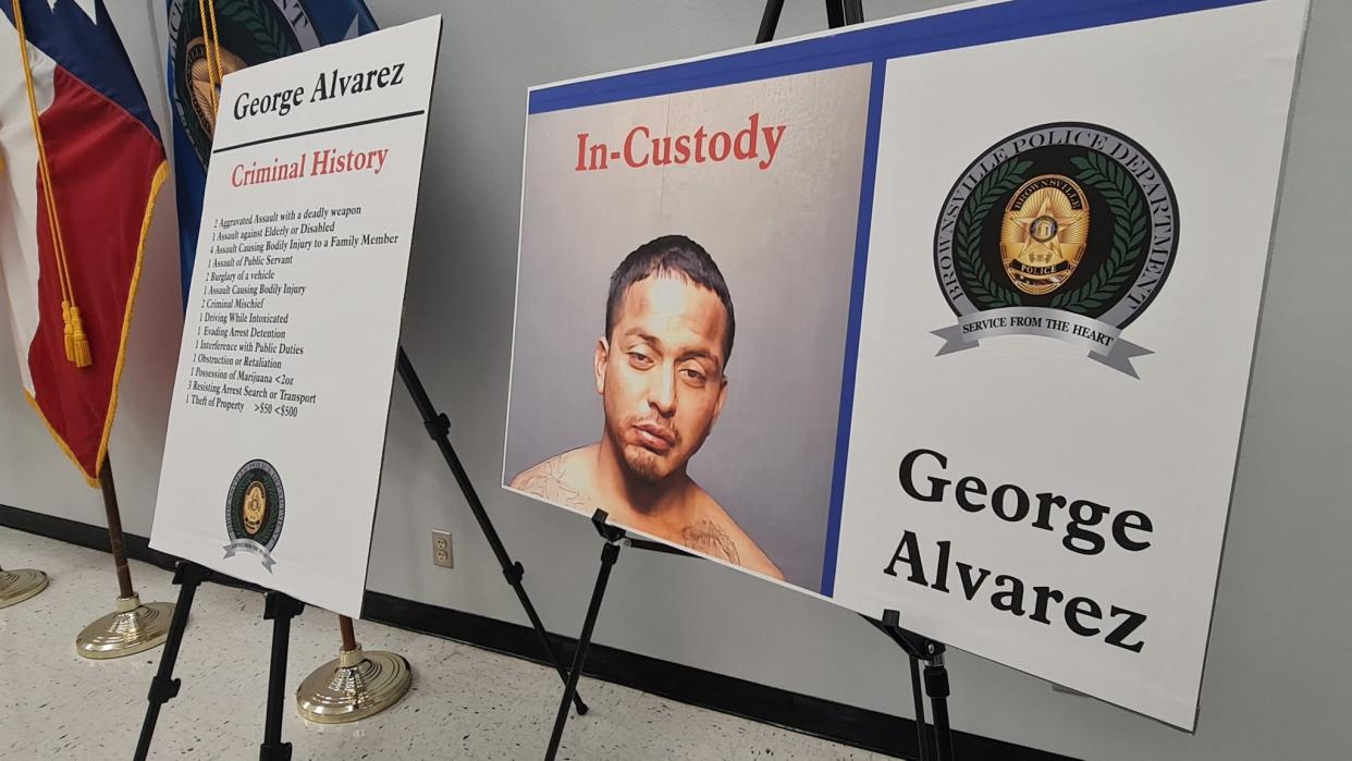The picture of 34-year-old George Alvarez, the driver, that killed eight people and injured at least 10 when he plowed into the crowd early Sunday, is displayed by the Brownsville Police Department at a news conference in Brownsville, Texas, on 8 May 2023 (AFP via Getty Images)
