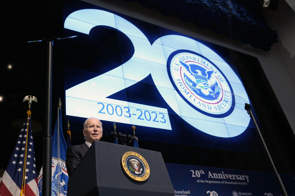 President Joe Biden speaks at the Department of Homeland Security's 20th anniversary ceremony in Washington, Wednesday, March 1, 2023. (AP Photo/Susan Walsh)