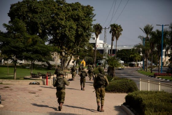 Israeli soldiers patrol the streets in Sderot, Israel, on Oct. 8, 2023.<span class="copyright">Amir Levy—Getty Images</span>