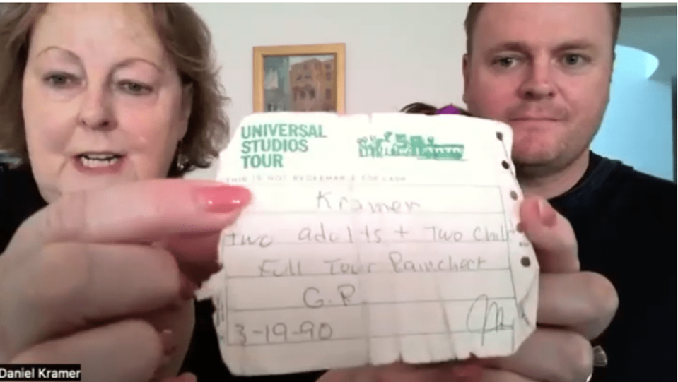 Carolyn Kramer showed the old voucher from Universal Studios from 1990 during a Zoom call with NBCLA (NBCLA)