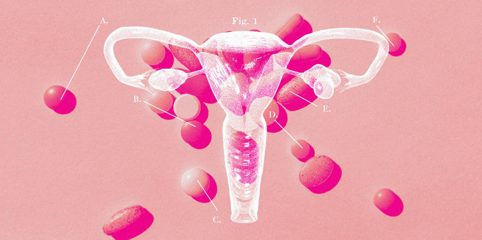 Photo illustration of female reproductive system and scattered pills  (Leila Register / NBC News; Getty Images)