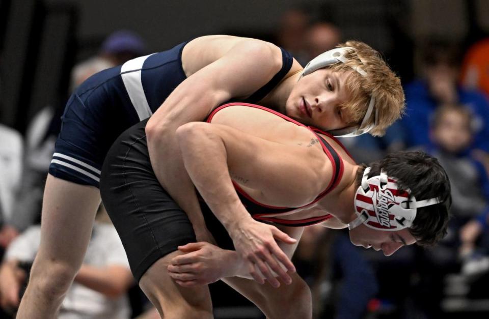 Penn State’s Braeden Davis controls Indiana’s Michael Spangler in the 125 lb bout of the match on Sunday, Jan. 14, 2024 at Rec Hall.