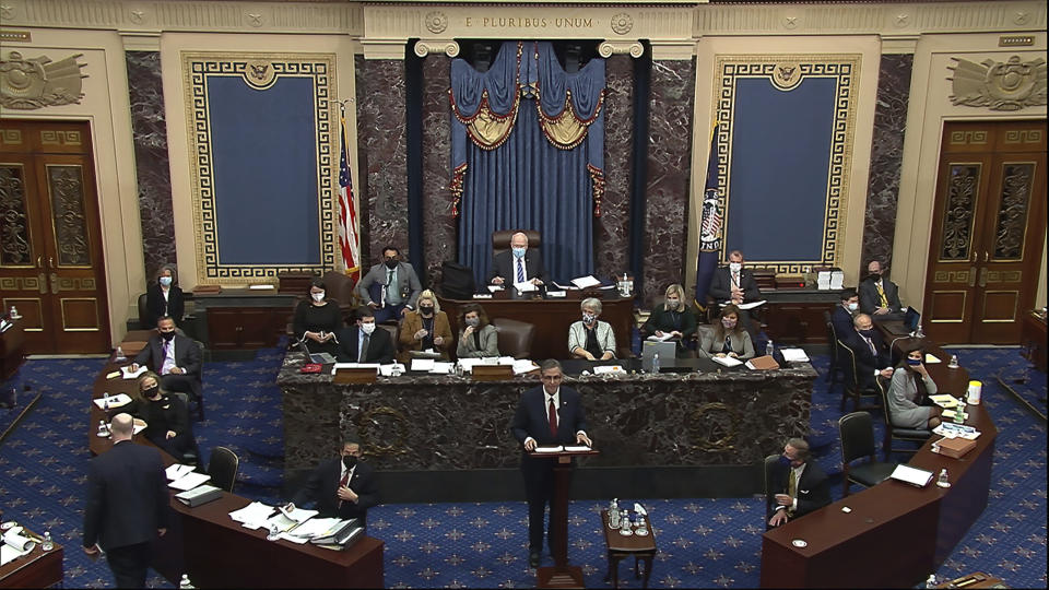 In this image from video, Bruce Castor, an attorney for former President Donald Trump, finishes the defense presentation during the second impeachment trial of Trump in the Senate at the U.S. Capitol in Washington, Friday, Feb. 12, 2021. (Senate Television via AP)