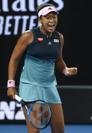 Tennis - Australian Open - Women's Singles Final - Melbourne Park, Melbourne, Australia, January 26, 2019. Japan's Naomi Osaka reacts during her match against Czech Republic's Petra Kvitova. REUTERS/Adnan Abidi