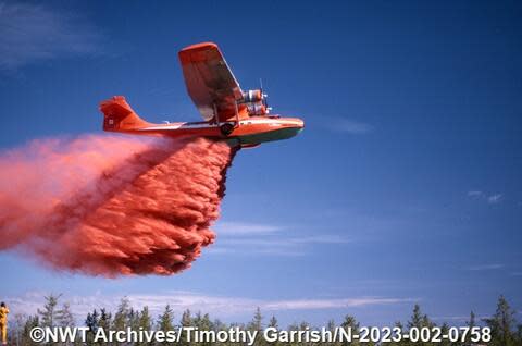 An Avalon Aviation Ltd. Canso airplane demonstrates a practice drop of fire retardant in Yellowknife. 