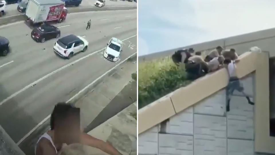 Scenes from a police rescue of a man who was found dangling over a busy motorway in Florida.