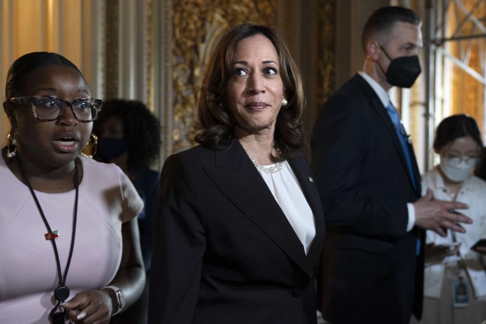 Vice President Kamala Harris leaves the Senate chamber to speak to the media about a procedural vote that did not pass on the Women's Health Protection Act to codify the landmark 1973 Roe v. Wade decision that legalized abortion nationwide, Wednesday, May 11, 2022, on Capitol Hill in Washington. (AP Photo/Jacquelyn Martin)