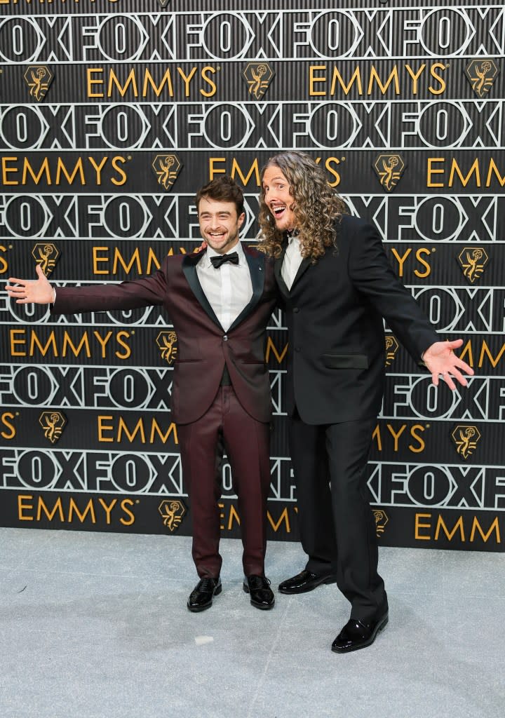 (L-R) Daniel Radcliffe and Weird Al Yankovic attend the 75th Primetime Emmy Awards at Peacock Theater on January 15, 2024 in Los Angeles, California.