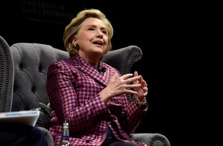 Former U.S. Secretary of State, Hillary Clinton speaks during an interview with Mariella Frostrup at the Cheltenham Literature Festival in Cheltenham, Britain October 15, 2017. REUTERS/Rebecca Naden
