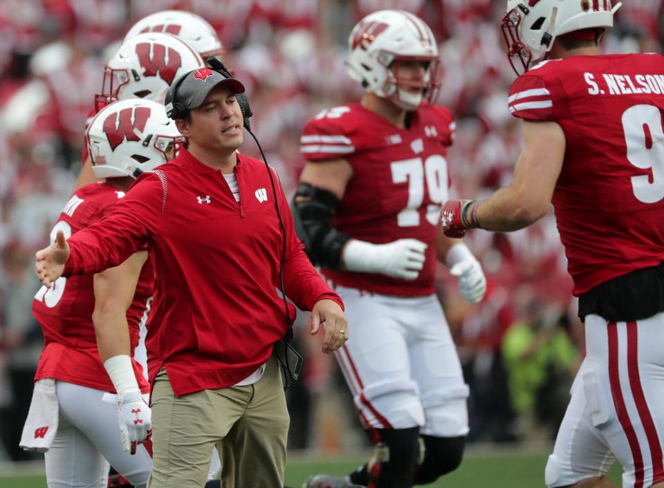 Wisconsin defensive coordinator Jim Leonhard is shown during the first quarter of their game Saturday, September 4, 2021 at Camp Randall Stadium in Madison, Wis. Penn State beat Wisconsin 16-10.MARK HOFFMAN/MILWAUKEE JOURNAL SENTINEL