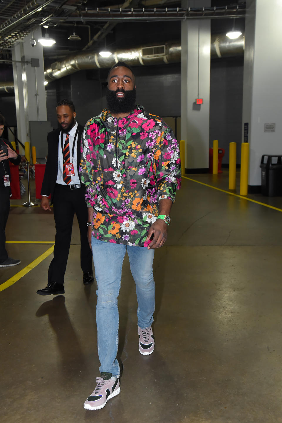 <p>James Harden wears a floral windbreaker and Valentino sneakers while walking into the Toyota Center in Houston, Texas on March 30. </p>
