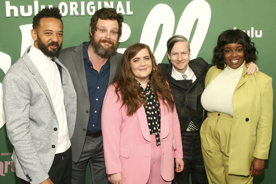 Ian Owens, from left, Luka Jones, Aidy Bryant, John Cameron Mitchell and Lolly Adefope attends the premiere of Hulu's "Shrill" at the Walter Reade Theater on Wednesday, March 13, 2019, in New York. (Photo by Andy Kropa/Invision/AP)