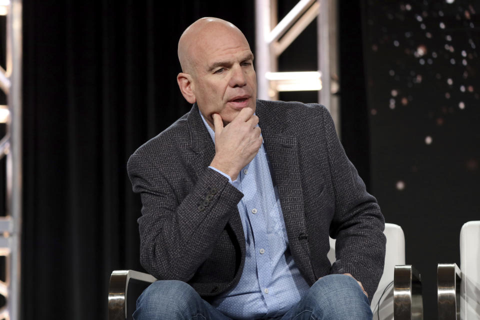 FILE - This Jan. 15, 2020 file photo shows David Simon speaking at the "The Plot Against America" panel during the HBO TCA 2020 Winter Press Tour in Pasadena, Calif. The 6-part mini-series, based on the novel by the late Philip Roth, premieres Monday, March 16. (Photo by Willy Sanjuan/Invision/AP, File)