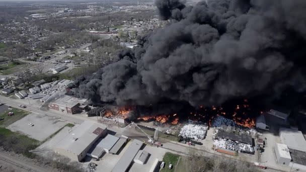 PHOTO: A grab from video shows a large scale fire at a recycling plant in Richmond, Ind., April 11, 2023. (Kevin Shook/Global Media Enterprise)