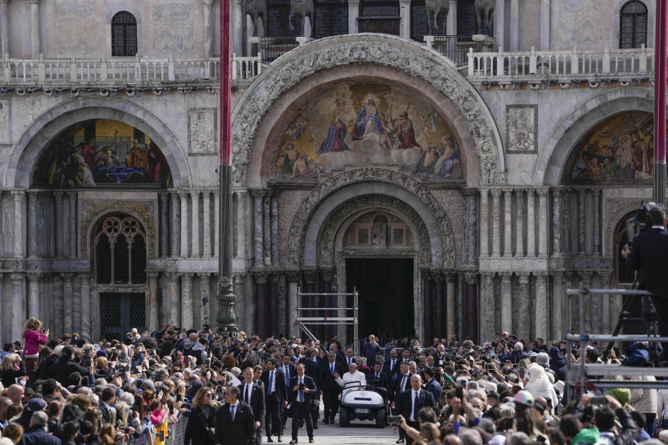 Pope Francis arrives in St. Mark’s Square to celebrate a mass in Venice, Italy, Sunday, April 28, 2024. The Pontiff arrived for his first-ever visit to the lagoon town including the Vatican pavilion at the 60th Biennal of Arts. (AP Photo/Alessandra Tarantino)