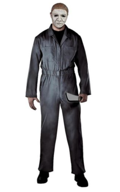 Model wears Michael Myers jumpsuit and face mask