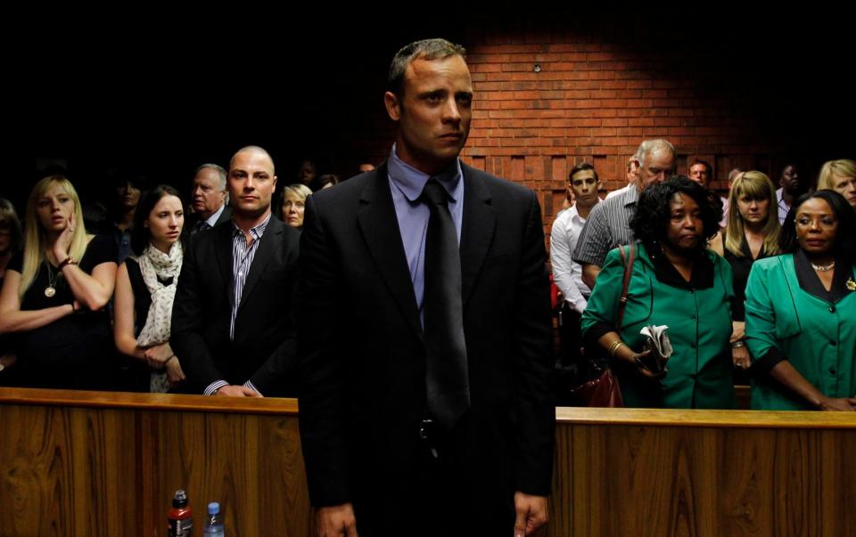 Oscar Pistorius awaiting the start of court proceedings in the Pretoria Magistrates court