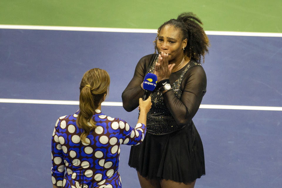 Seen here, Serena Williams speaking after her farewell match at the 2022 US Open.