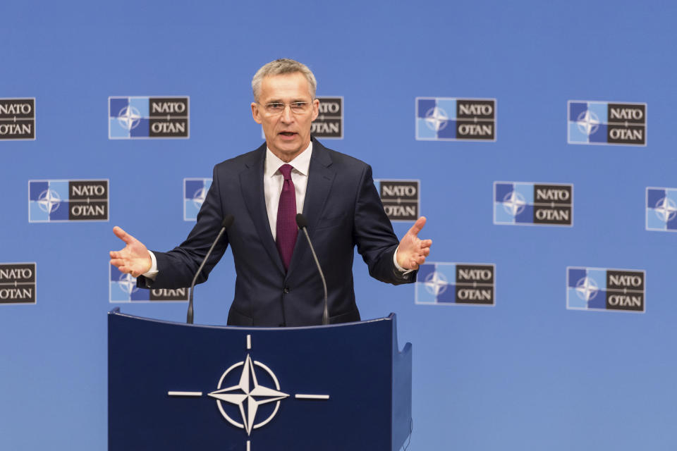 NATO Secretary General Jens Stoltenberg presents the annual report for 2018 during a media conference at NATO headquarters in Brussels, Thursday, March 14, 2019. (AP Photo/Geert Vanden Wijngaert)