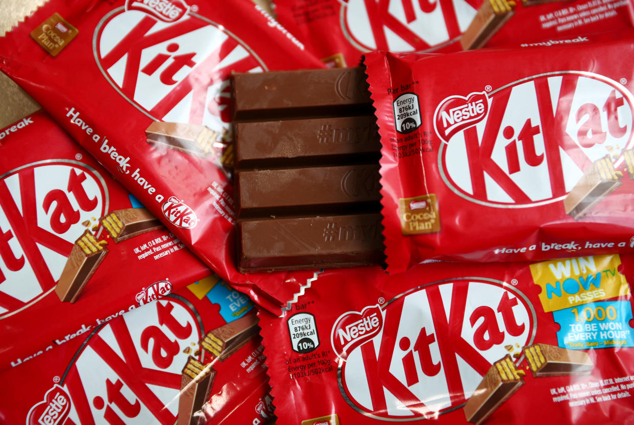 Kit Kat chocolate covered wafer bars manufactured by Nestle