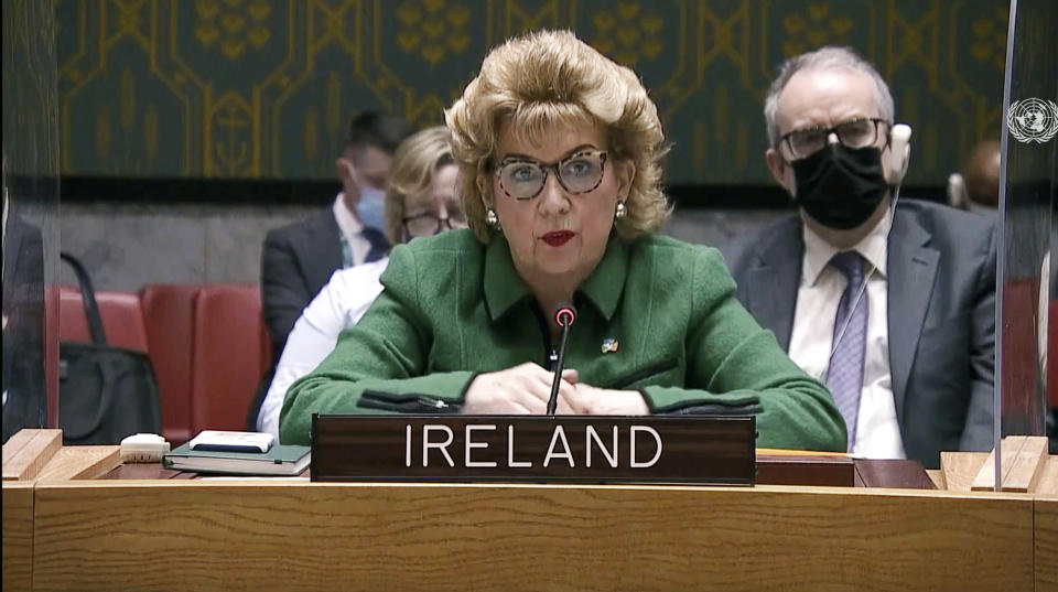 In this image made from UNTV video, Ireland's Ambassador to the United Nations Geraldine Byrne Nason speaks during an emergency U.N. Security Council meeting on Ukraine, at the U.N. headquarters, Monday, Feb. 21, 2022. (UNTV via AP)