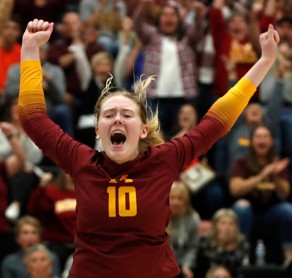 McCutcheon Mavericks setter Allie Shondell (10) celebrates a point during the IHSAA regional championship match against the Hamilton Southeastern Royals, Saturday, Oct. 22, 2022, at Noblesville High School in Noblesville, Ind. HSE won after four sets. 